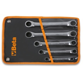 Set of 5 ratcheting double-ended flat bi-hex ring wrenches in wallet - Beta 195/