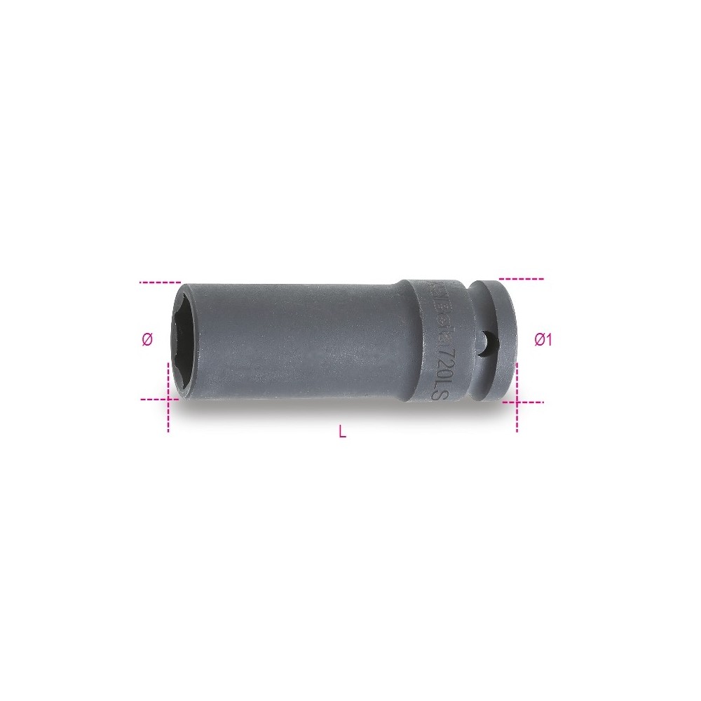 Llaves de vaso de impacto con cuadrado hembra 1/2" boca hexagonal serie larga delgada fosfatadas - Beta 720LS