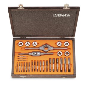 Assortment of chrome-steel taps  and dies, metric thread,  and accessories in wooden case - Beta 446/C30