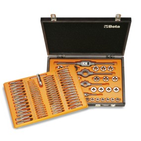 Assortment of chrome-steel taps  and dies, metric thread,  and accessories for car repair jobs  in wooden case - Beta 446/C110
