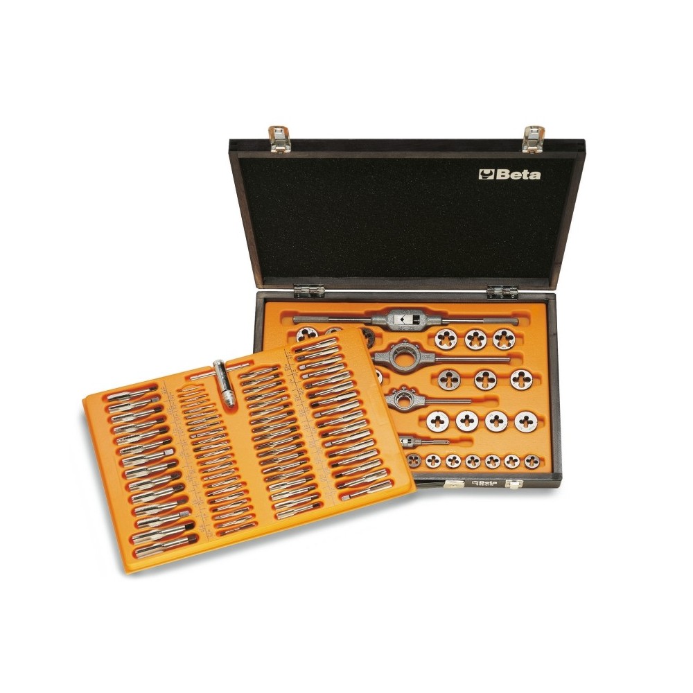 Assortment of chrome-steel taps  and dies, metric thread,  and accessories for car repair jobs  in wooden case - Beta 446/C110