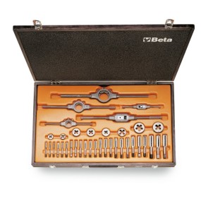 Assortment of chrome-steel taps  and dies, UNC thread,  and accessories in wooden case - Beta 446ASC/C37
