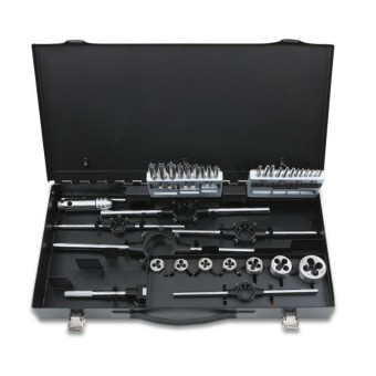 Assortment of HSS taps and dies,  metric thread,  and accessories in metal case - Beta 447/C37