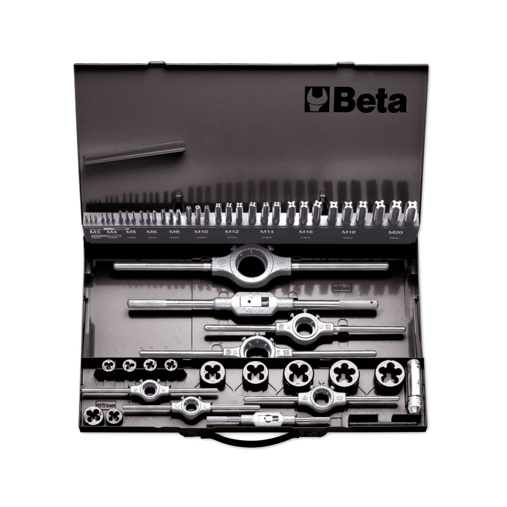 Assortment of HSS taps and dies,  metric thread,  and accessories in metal case - Beta 447/C53