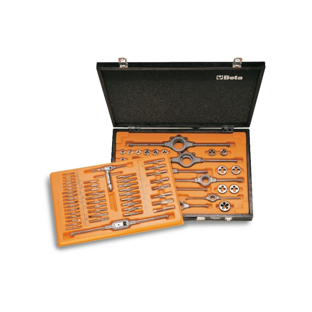 Assortimento di maschi e filiere con accessori in acciaio HSS filettatura metrica in cassetta di legno - Beta 447/C70
