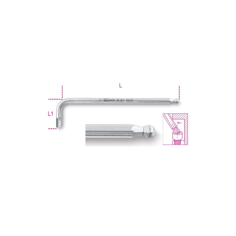 Sechskant-Stiftschlüssel, gebogen, mit kugelförmigem Kopf, aus Edelstahl - Beta 96BPINOX-AS