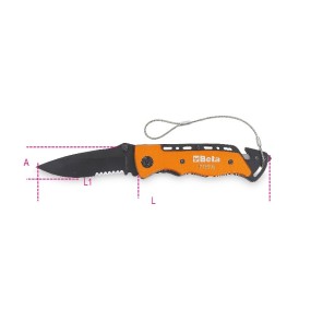 Car service knife with window breaking hammer and seat belt cutter features in