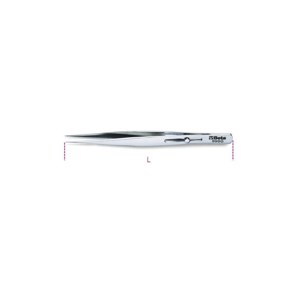 Extra slim straight end spring tweezers, acid and magnetic resistant with stop mechanism made from stainless steel semi-bright