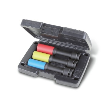 Juego de 3 llaves de vaso de impacto coloreadas, serie larga, con elementos poliméricos para tuercas de ruedas, en maletín de