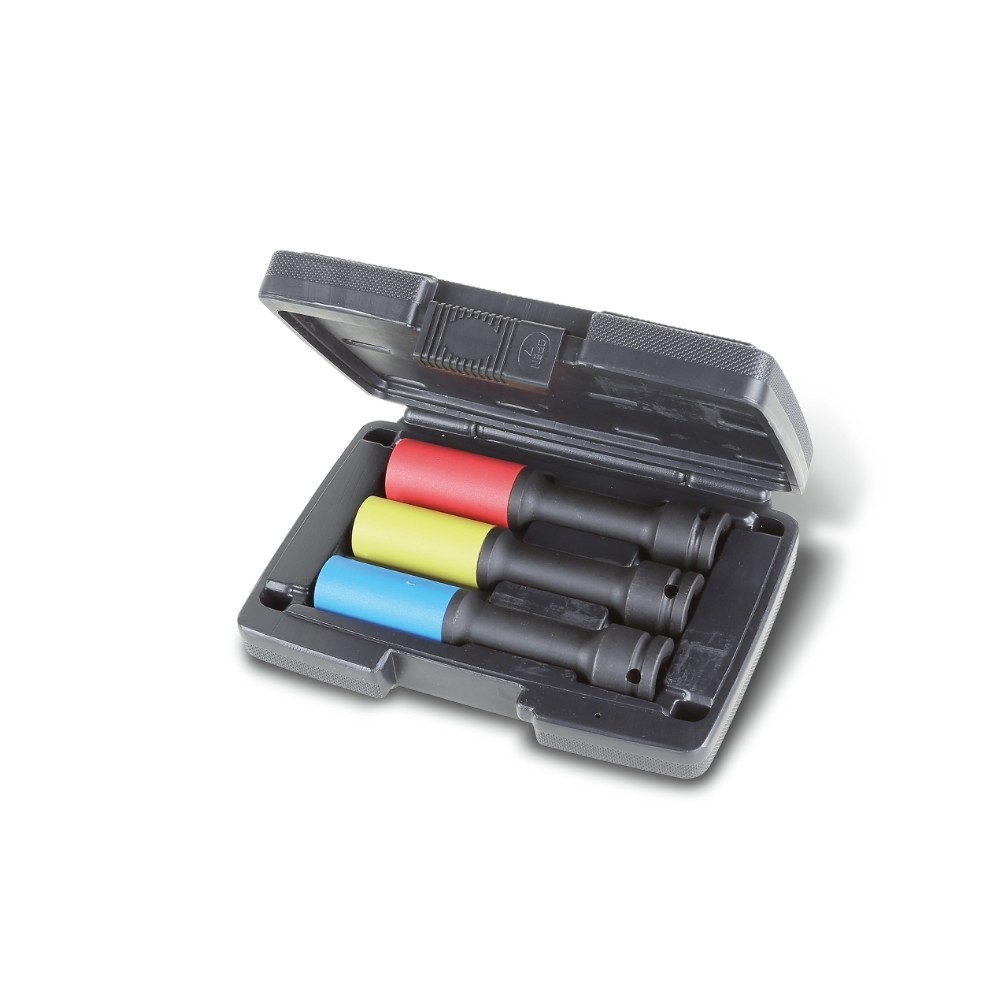 Set of 3 impact sockets for wheel nuts, long series, coloured, with polymeric inserts, in plastic case - Beta 720LCL/C3