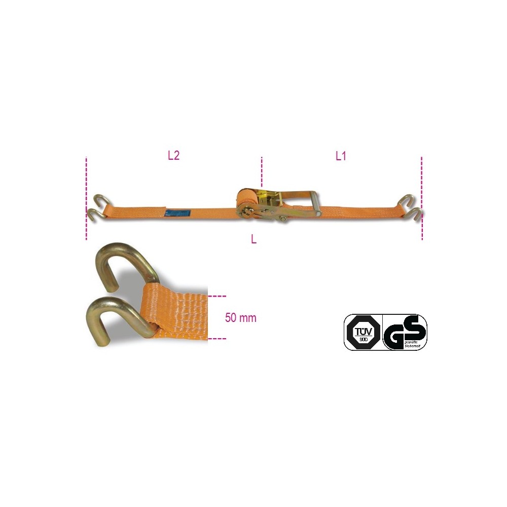 Ratchet tie down with double hook, LC 2000kg high-tenacity polyester (PES) belt - Beta 8182S