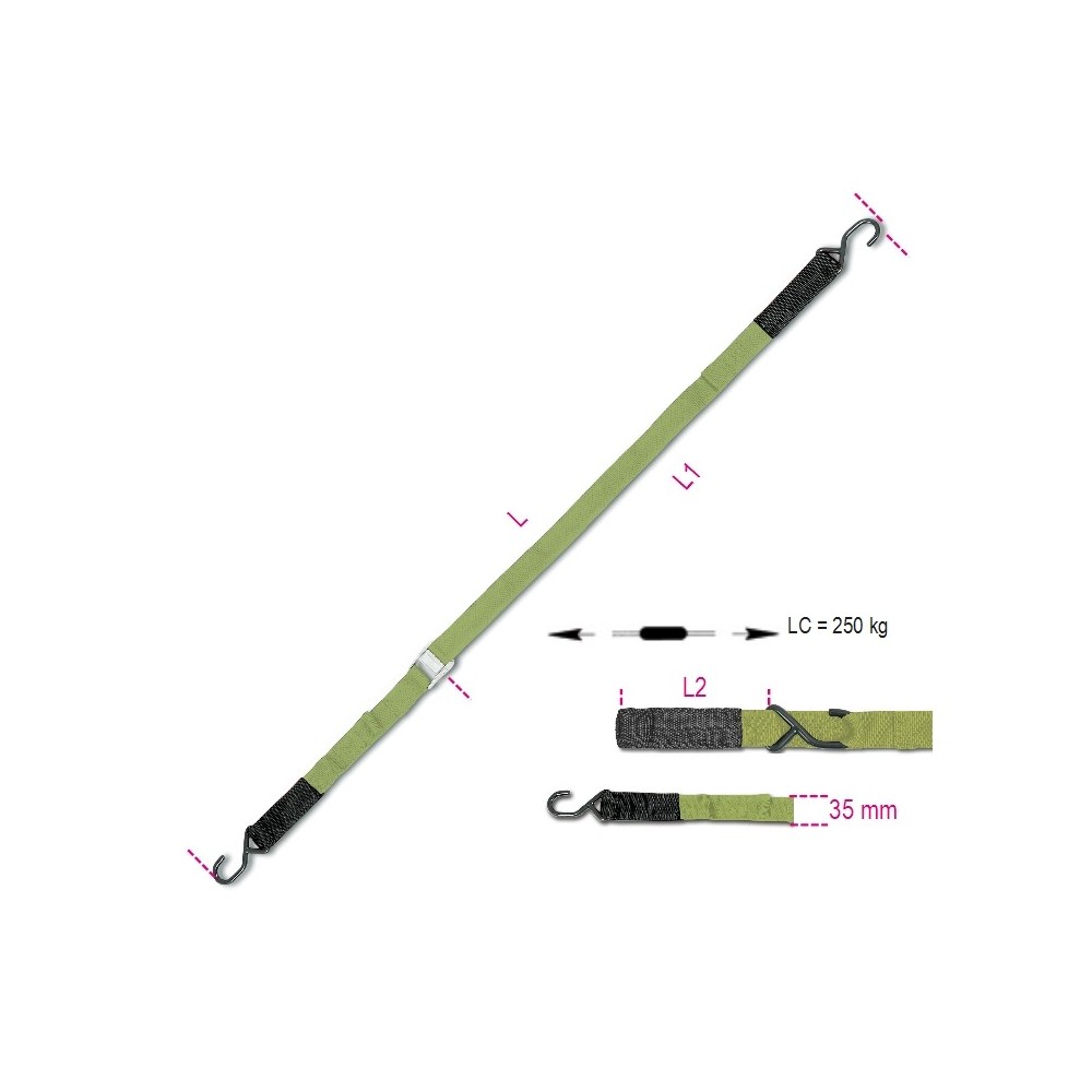 Cam buckle strap with S-hooks and Eyes, LC 250 kg high-grade polypropylene (PP) belt - Beta 8188VFG2