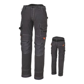 Spodnie robocze z wieloma kieszeniami, płótno T/C, 260 g/m2, szare. Kieszenie na nakolanniki i dół nogawek wzmocnione poliestrem
