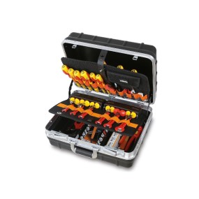 Tool cases with assortments of tools for electronic and electrotechnical