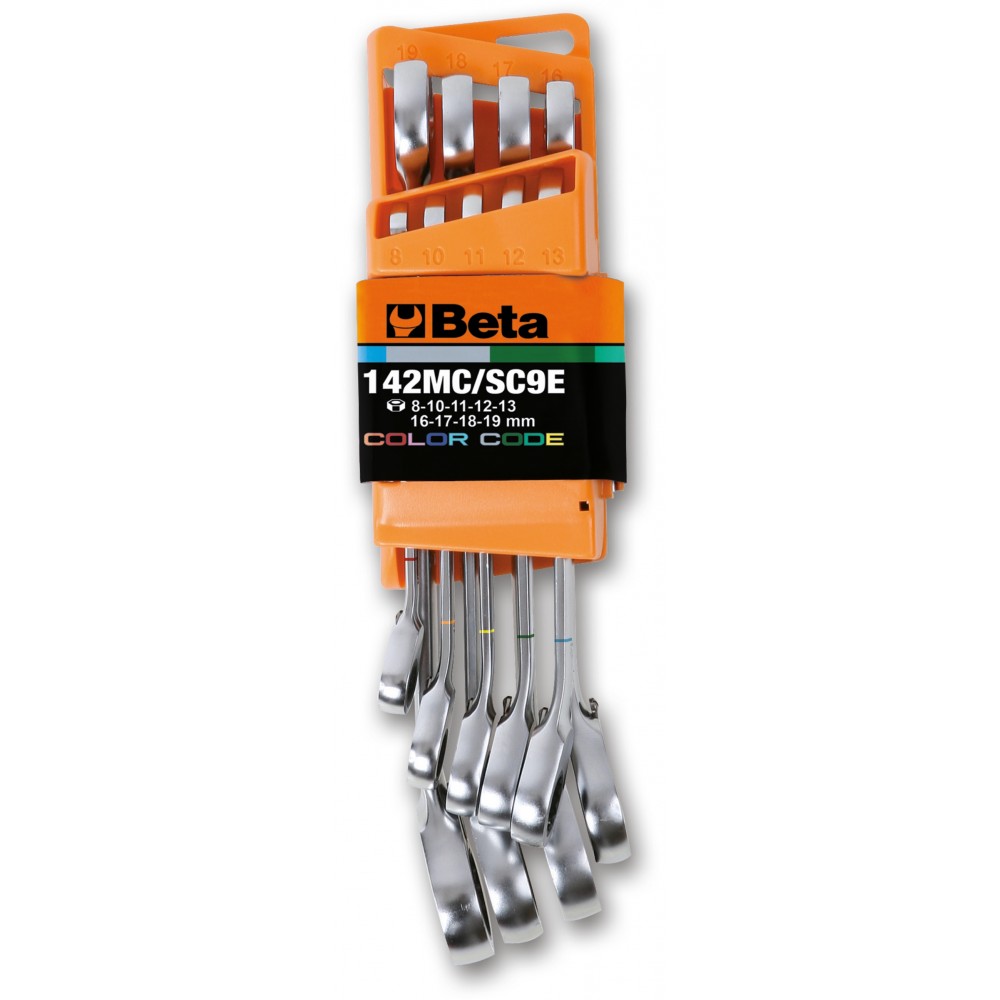Set of 9 reversible ratcheting combination wrenches, coloured, with compact support - Beta 142MC/SC9I-E