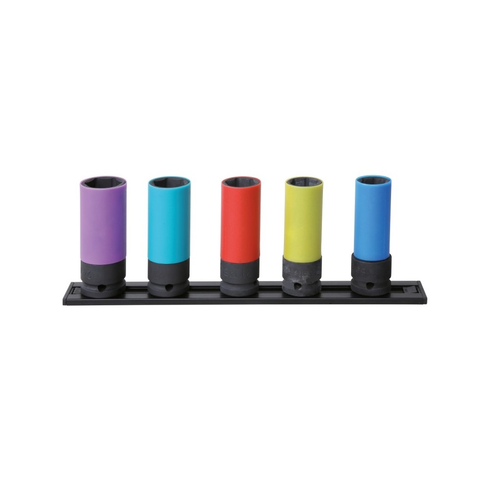 Set of 5 impact sockets for wheel nuts, with coloured polymeric inserts, 1/2"