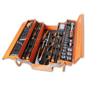 Cantilever tool box with assortment of 91 general maintenance tools, made of