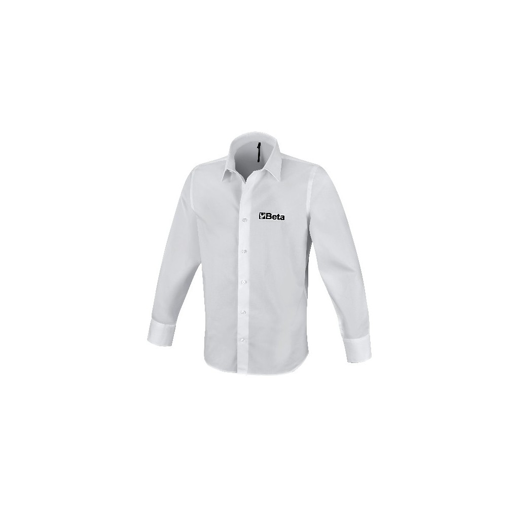 Koszula z długim rękawem, 120 g/m2, 97% bawełny, 3% elastanu. Biała, z czarnym